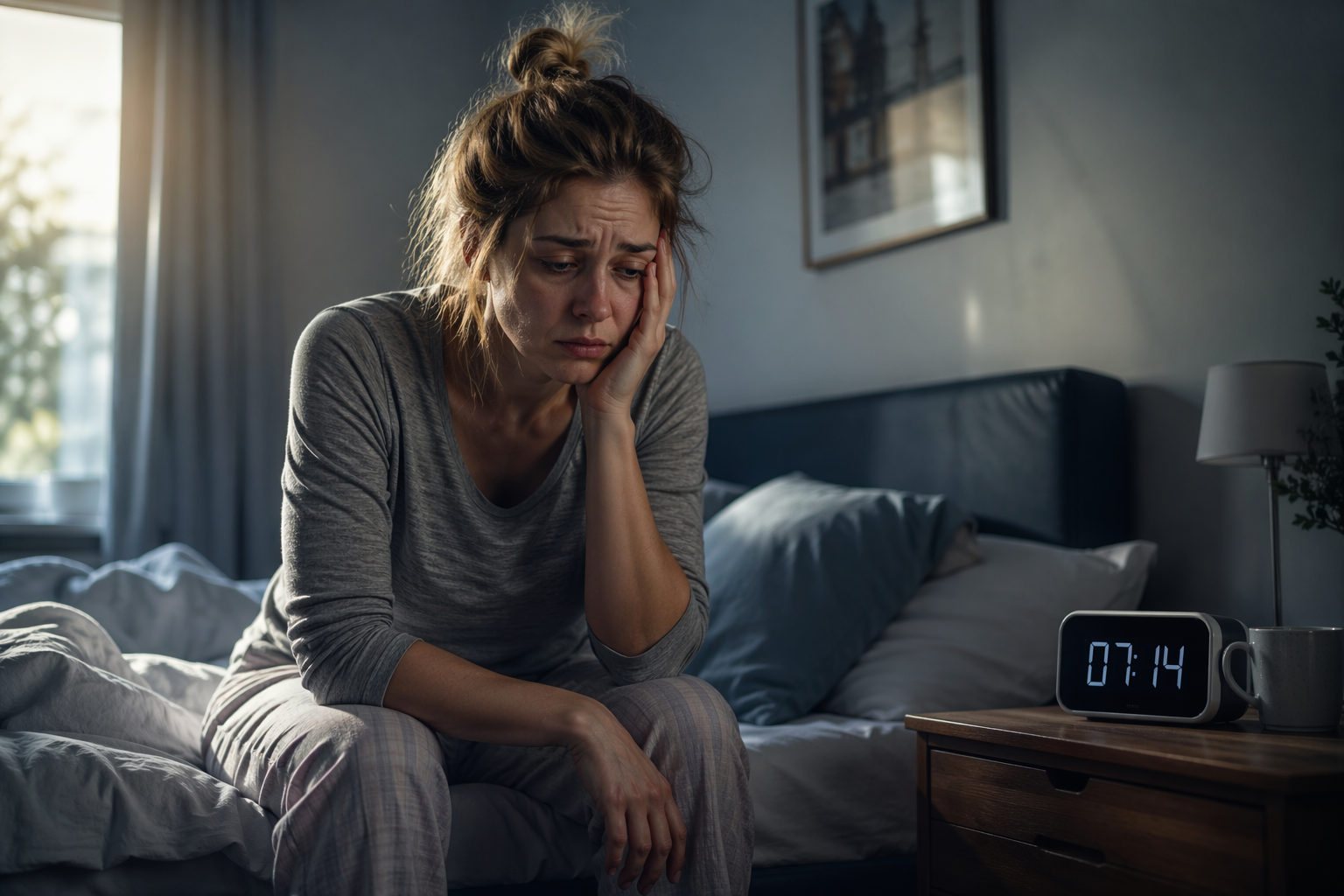 Fáradt nő ül az ágy szélén reggel egy hálószobában