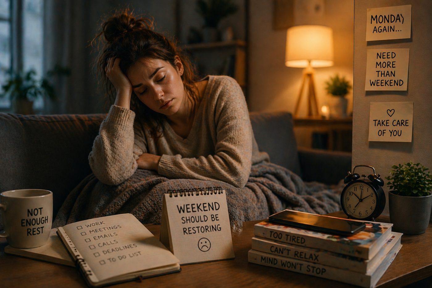 Kimerült nő ül a kanapén hétvégi fáradtsággal egy meleg fényű nappaliban