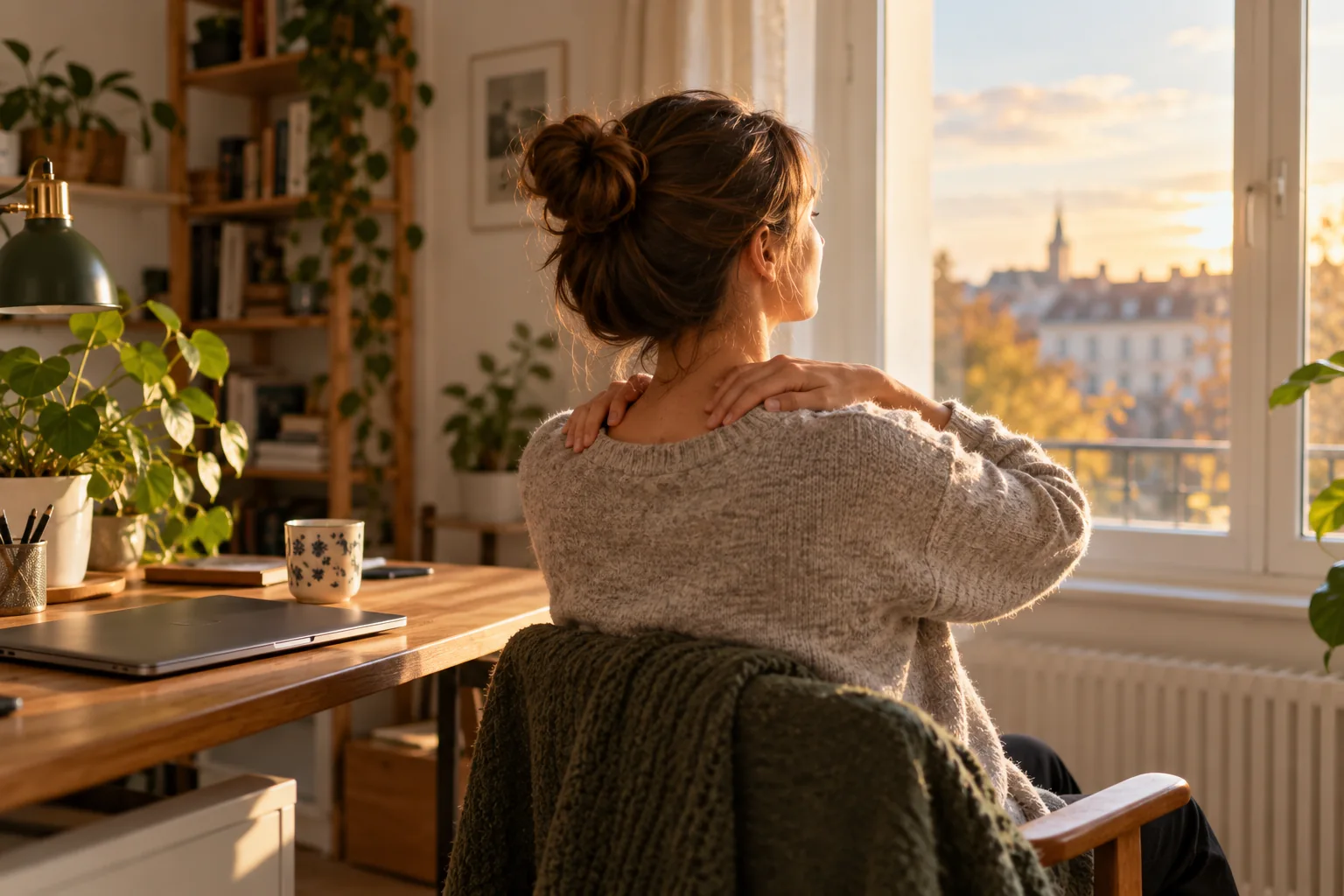 A person pauses by a window after work and gently rests a hand on a shoulder
