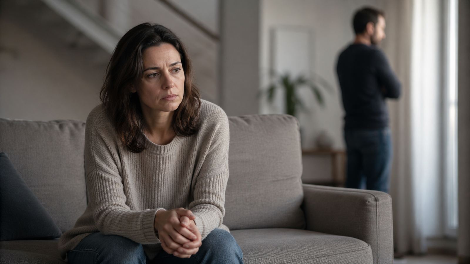 Elgondolkodó nő ül a kanapén, háttérben távolodó férfialak egy feszült otthoni jelenetben