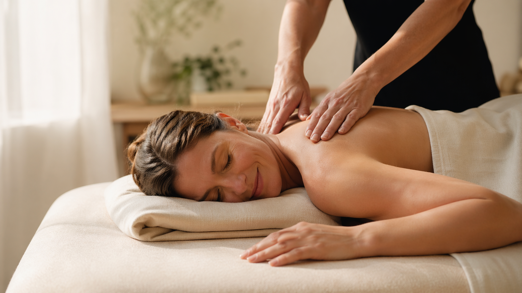 Relaxed woman receiving a neck and shoulder massage in a warm treatment room